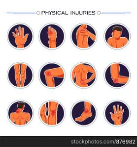 Physical injuries poster with body parts and wounds vector. Hand and foot with finger pain, ache in shoulder and knee, elbow and in ankle. Headache and neck sore, palm with bleeding bloody cut. Physical injuries poster with body parts and wounds vector