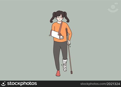 Physical injury and disability concept. Sad disappointed girl standing having disabilities as broken arm and leg in medical bandages vector illustration . Physical injury and disability concept