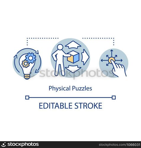 Physical puzzles concept icon. Interactive game idea thin line illustration. Touching and moving objects, pushing buttons. Problem solution. Vector isolated outline drawing. Editable stroke