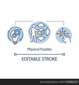Physical puzzles concept icon. Interactive game idea thin line illustration. Touching and moving objects, pushing buttons. Problem solution. Vector isolated outline drawing. Editable stroke