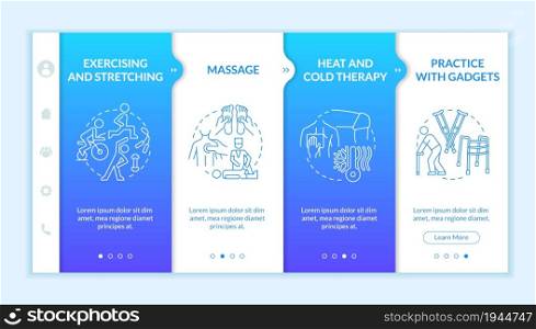 Physical rehabilitation onboarding vector template. Responsive mobile website with icons. Web page walkthrough 4 step screens. Physiotherapy color concept with linear illustrations. Physical rehabilitation onboarding vector template