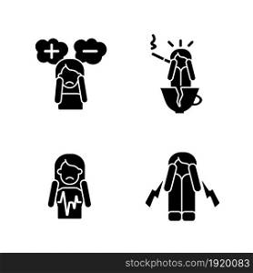 Physical symptoms of anxiety black glyph icons set on white space. Heart palpitation. Indecisive person. Stimulants trigger panic episode. Silhouette symbols. Vector isolated illustration. Physical symptoms of anxiety black glyph icons set on white space
