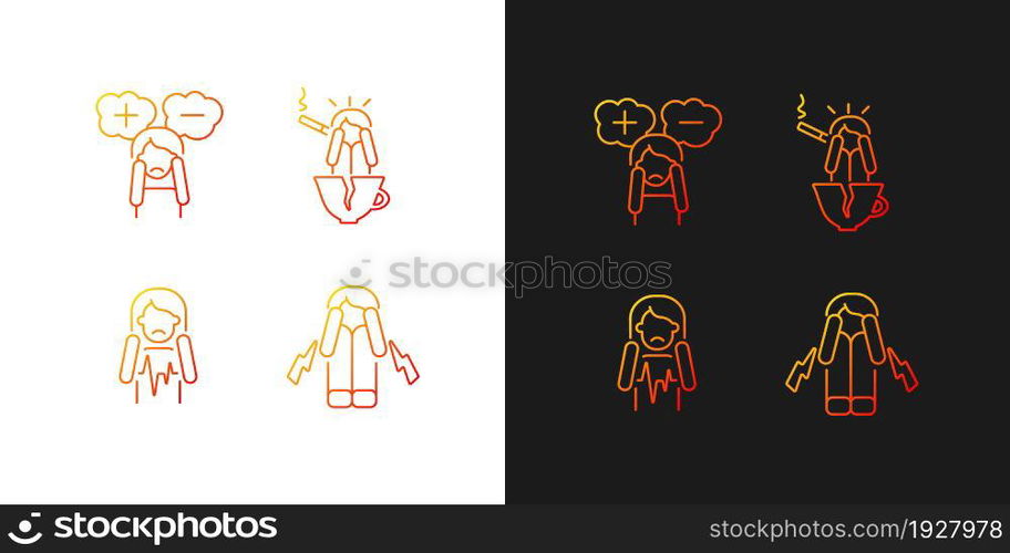 Physical symptoms of anxiety gradient icons set for dark and light mode. Heart palpitation. Thin line contour symbols bundle. Isolated vector outline illustrations collection on black and white. Physical symptoms of anxiety gradient icons set for dark and light mode