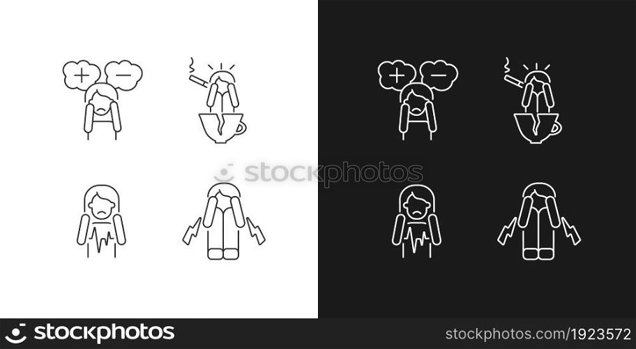 Physical symptoms of anxiety linear icons set for dark and light mode. Heart palpitation. Indecisive person. Customizable thin line symbols. Isolated vector outline illustrations. Editable stroke. Physical symptoms of anxiety linear icons set for dark and light mode