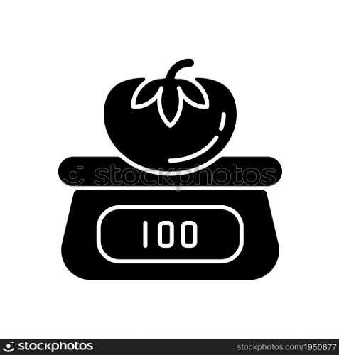 Physical testing black glyph icon. Visual appearance analysis. Defect detection. Product weighing and measuring procedure. Silhouette symbol on white space. Vector isolated illustration. Physical testing black glyph icon