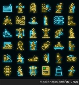 Physical therapist icons set. Outline set of physical therapist vector icons neon color on black. Physical therapist icons set vector neon
