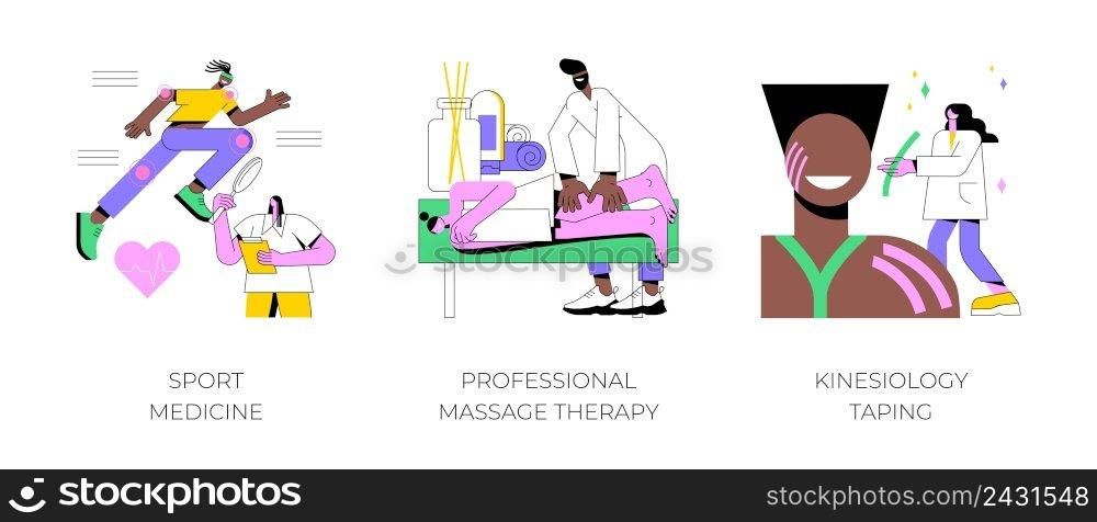 Physical therapy abstract concept vector illustration set. Sport medicine, professional massage therapy, kinesiology taping, pain relief, wellness relaxation, bandage application abstract metaphor.. Physical therapy abstract concept vector illustrations.