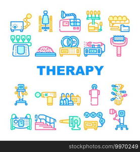 Physical Therapy Aid Collection Icons Set Vector. Magnetic Therapy Device And Laser, Massager, Physiotherapy Complex And Ultrasonic Inhaler Concept Linear Pictograms. Contour Color Illustrations. Physical Therapy Aid Collection Icons Set Vector