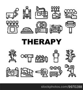 Physical Therapy Aid Collection Icons Set Vector. Magnetic Therapy Device And Laser, Massager, Physiotherapy Complex And Ultrasonic Inhaler Black Contour Illustrations. Physical Therapy Aid Collection Icons Set Vector
