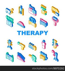 Physical Therapy Aid Collection Icons Set Vector. Magnetic Therapy Device And Laser, Massager, Physiotherapy Complex And Ultrasonic Inhaler Isometric Sign Color Illustrations. Physical Therapy Aid Collection Icons Set Vector