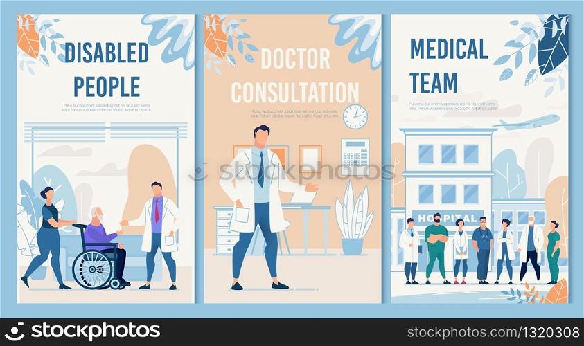 Physical Therapy and Rehabilitation Professional Services Hospital Set. Disabled People, Doctor Consultation, Medical Team Flat Flyers Collection. Healthcare and Medicine. Vector Cartoon Illustration. Physical Therapy and Rehabilitation Services Set