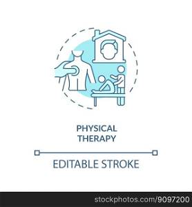 Physical therapy blue concept icon. Relieve pain. Home health care service abstract idea thin line illustration. Isolated outline drawing. Editable stroke. Arial, Myriad Pro-Bold fonts used. Physical therapy blue concept icon