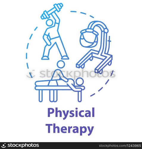 Physical therapy concept icon. Workout. Massage, chiropractic. Rehabilitation procedures. Physiotherapy in gym idea thin line illustration. Vector isolated outline RGB color drawing. Editable stroke