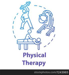Physical therapy concept icon. Workout. Massage, chiropractic. Rehabilitation procedures. Physiotherapy in gym idea thin line illustration. Vector isolated outline RGB color drawing. Editable stroke