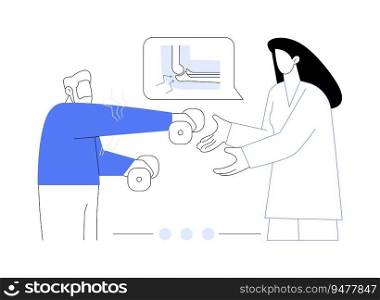 Physical therapy for arthritis abstract concept vector illustration. Man doing physical therapy with doctor, arthritis treatment, medicine sector, rehabilitation process abstract metaphor.. Physical therapy for arthritis abstract concept vector illustration.