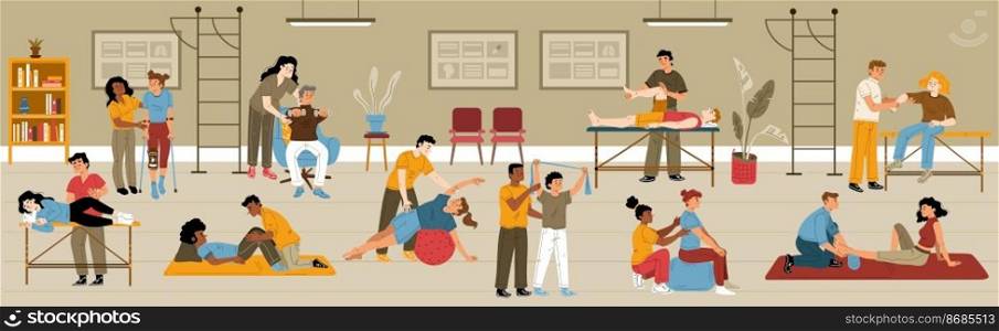 Physical therapy, rehab concept. People applying rehabilitation in clinic interior. Therapist work with disabled patients recuperate activity during physio procedure Cartoon linear vector illustration. Physical therapy, rehab concept in clinic interior