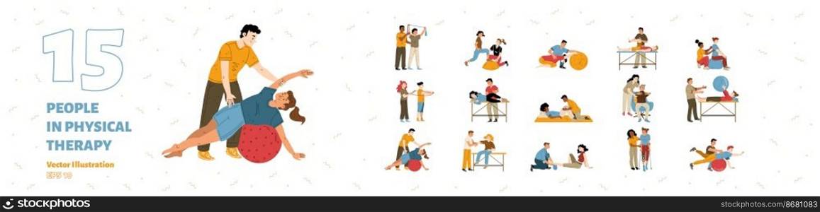 Physical therapy, rehab isolated set. People applying rehabilitation. Therapist work with disabled patients recuperate activity during physio procedures in clinic, Cartoon linear vector illustration. Physical therapy, rehab procedures isolated set