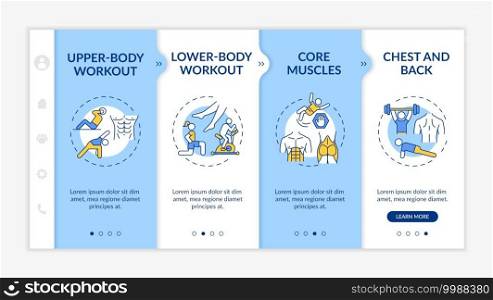 Physical training session types onboarding vector template. Upper-body workout. Chest and back exercises. Responsive mobile website with icons. Webpage walkthrough step screens. RGB color concept. Physical training session types onboarding vector template