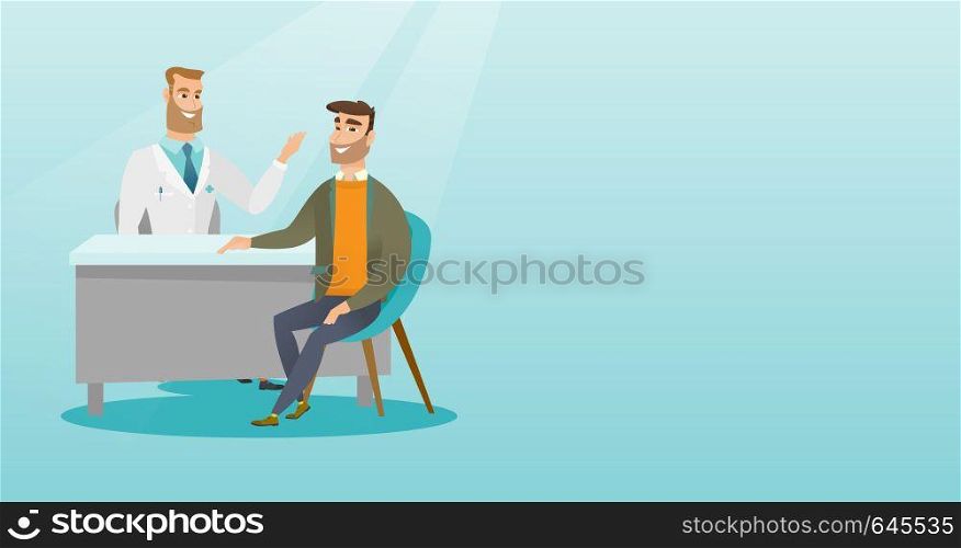 Physician consulting a patient in the office. Physician talking to a patient. Physician communicating with a patient about state of his health. Vector flat design illustration. Horizontal layout.. Physician consulting male patient in office.