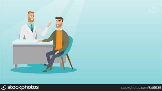 Physician consulting a patient in the office. Physician talking to a patient. Physician communicating with a patient about state of his health. Vector flat design illustration. Horizontal layout.. Physician consulting male patient in office.