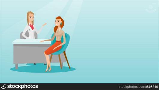 Physician consulting a patient in the office. Physician talking to a patient. Physician communicating with a patient about state of her health. Vector flat design illustration. Horizontal layout.. Doctor consulting female patient in office.