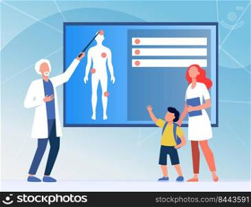 Physician explaining human anatomy to kid. Nurse, boy, body flat vector illustration. Medicine and education concept for banner, website design or landing web page