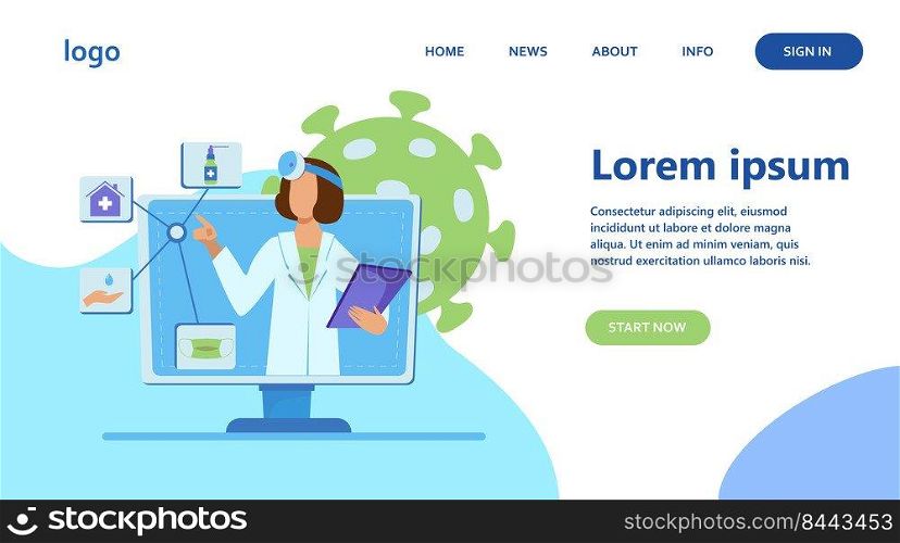 Physician giving recommendation for quarantine. Coronavirus, pandemic, mask flat vector illustration. Medicine and healthcare concept for banner, website design or landing web page