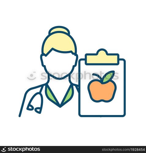 Physician nutrition specialist RGB color icon. Promoting healthy diet and wellbeing. Improving eating habits. Dietetic treatment. Isolated vector illustration. Simple filled line drawing. Physician nutrition specialist RGB color icon
