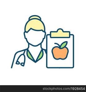 Physician nutrition specialist RGB color icon. Promoting healthy diet and wellbeing. Improving eating habits. Dietetic treatment. Isolated vector illustration. Simple filled line drawing. Physician nutrition specialist RGB color icon