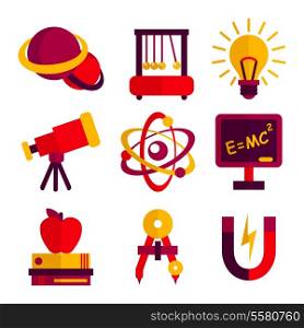 Physics and astronomy scientific laboratory equipment icons set isolated vector illustration.