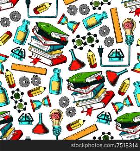 Physics and chemistry sciences pattern for education design with seamless background of laboratory equipment, flasks, books, pencils, rulers, idea light bulbs, gears, molecules and hourglasses. Physics and chemistry seamless pattern