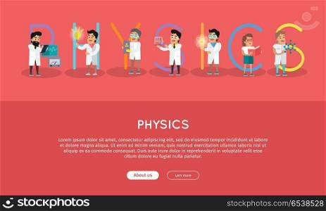 Physics Banner. Science Alphabet.. Physics banner. Science alphabet. ABC vector with scientists at work. Simple colored letters and scientist character. Scientific research, science lab, science test, technology illustration in flat