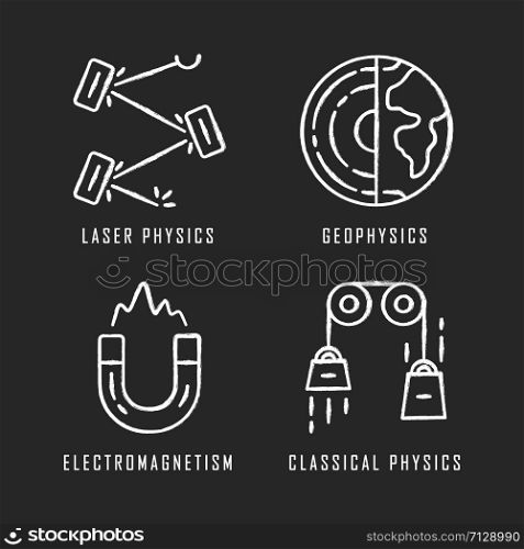 Physics branches chalk icons set. Laser and classical physics, electromagnetism and geophysics. Physical processes and phenomenons. Scientific experiment. Isolated vector chalkboard illustrations