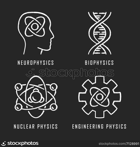 Physics branches chalk icons set. Neurophysics, biophysics, engineering and nuclear physics. Human brain, structure of molecule. Physical processes learning. Isolated vector chalkboard illustrations