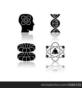 Physics branches drop shadow black glyph icons set. Neurophysics, biophysics, quantum and nuclear physics. Nuclear matter and power research. Neuroscience. Isolated vector illustrations
