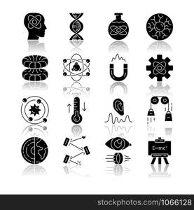 Physics branches drop shadow black glyph icons set. Physical processes and phenomenons. Classical, modern and quantum physics. Electromagnetism, thermodynamics. Isolated vector illustrations