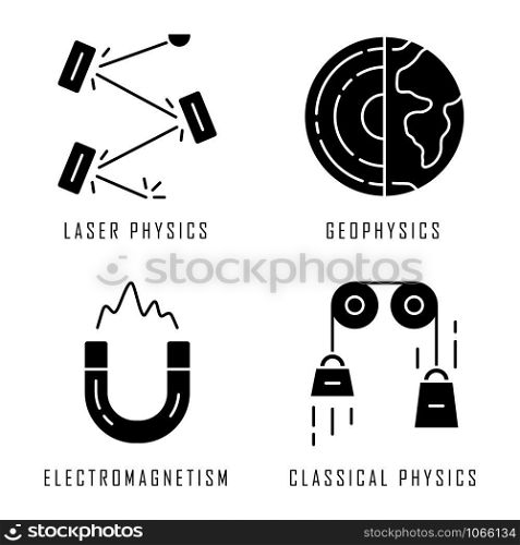 Physics branches glyph icons set. Laser and classical physics, electromagnetism and geophysics. Physical processes and phenomenons. Silhouette symbols. Vector isolated illustration