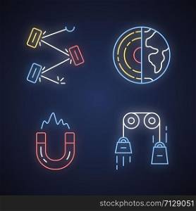Physics branches neon light icons set. Laser and classical physics, electromagnetism and geophysics. Physical processes and phenomenons. Glowing signs. Vector isolated illustrations