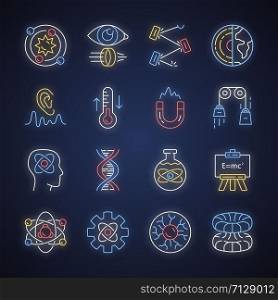 Physics branches neon light icons set. Physical processes and phenomenons. Classical, modern and quantum physics. Electromagnetism, thermodynamics. Glowing signs. Vector isolated illustrations