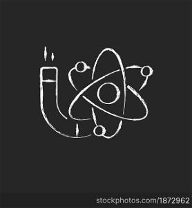 Physics chalk white icon on dark background. Image of atom, electrons, protons, neutrons. Stydying of matter, motion, energy, force. Isolated vector chalkboard illustration on black. Physics chalk white icon on dark background