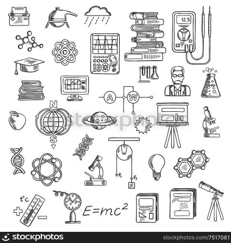 Physics, chemistry and astronomy sketch icons for education and science design with microscopes, laboratory flasks, books, models of DNA, atom, molecule and earth magnetic field, scientist, electrical measuring tools, computer, planets, telescope, graduation cap. Physics, chemistry and astronomy science sketches