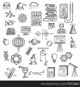 Physics, chemistry and astronomy sketch icons for education and science design with microscopes, laboratory flasks, books, models of DNA, atom, molecule and earth magnetic field, scientist, electrical measuring tools, computer, planets, telescope, graduation cap. Physics, chemistry and astronomy science sketches
