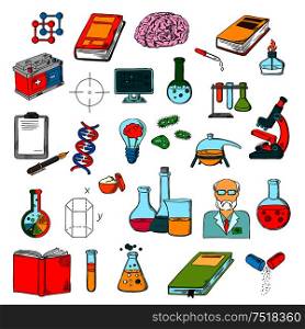 Physics, chemistry and medicine science research symbols of sketched books, microscope, scientist, computer, brain, laboratory test tubes, pill, DNA, battery, report clipboard and journal, gas burner, idea light bulb and geometric figures. Physics, chemistry, medicine science research icon