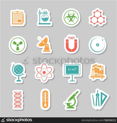 Physics chemistry science research stickers set with telescope pictogram and radioactivity warning sign abstract isolated vector illustration. Science stickers icons set