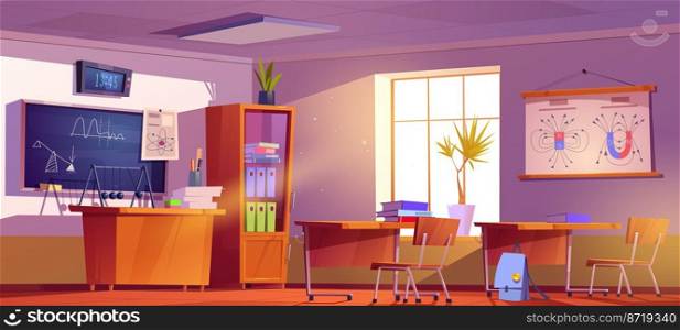Physics classroom interior, school class with student desks, lesson equipment on teacher table, blackboard with graphs, cupboard with textbooks, poster, studying room Cartoon vector illustration. Physics classroom interior, school class room
