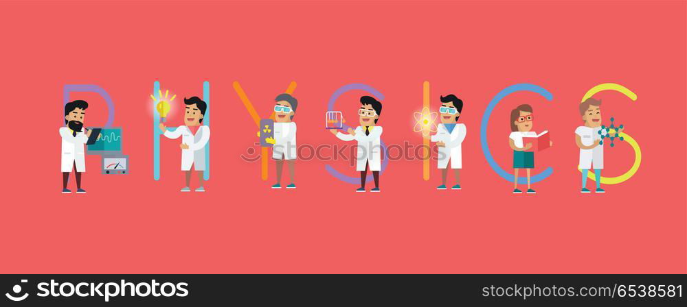 Physics conceptual vector. Flat style design. Scientist characters with lab instruments and educational models. Practical science innovations. Laboratory tests and demonstration. On red background . Physics Conceptual Vector in Flat Design. Physics Conceptual Vector in Flat Design
