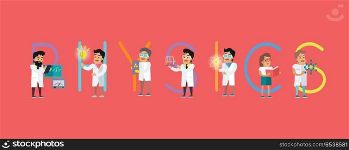 Physics conceptual vector. Flat style design. Scientist characters with lab instruments and educational models. Practical science innovations. Laboratory tests and demonstration. On red background . Physics Conceptual Vector in Flat Design. Physics Conceptual Vector in Flat Design