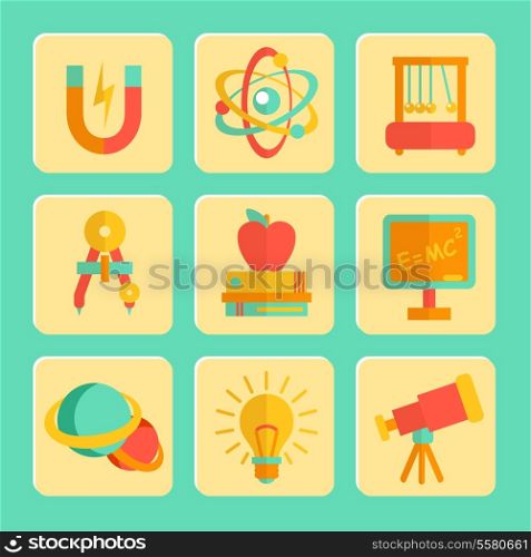 Physics equipment teaching and studying decorative icons set of blackboard telescope and lightbulb isolated vector illustration