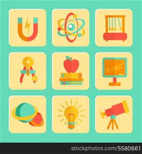 Physics equipment teaching and studying decorative icons set of blackboard telescope and lightbulb isolated vector illustration