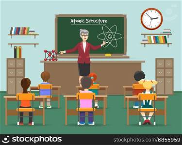Physics lesson with kids in classroom. Physics lesson. Female teachers in classroom with kids in front of blackboard vector illustration